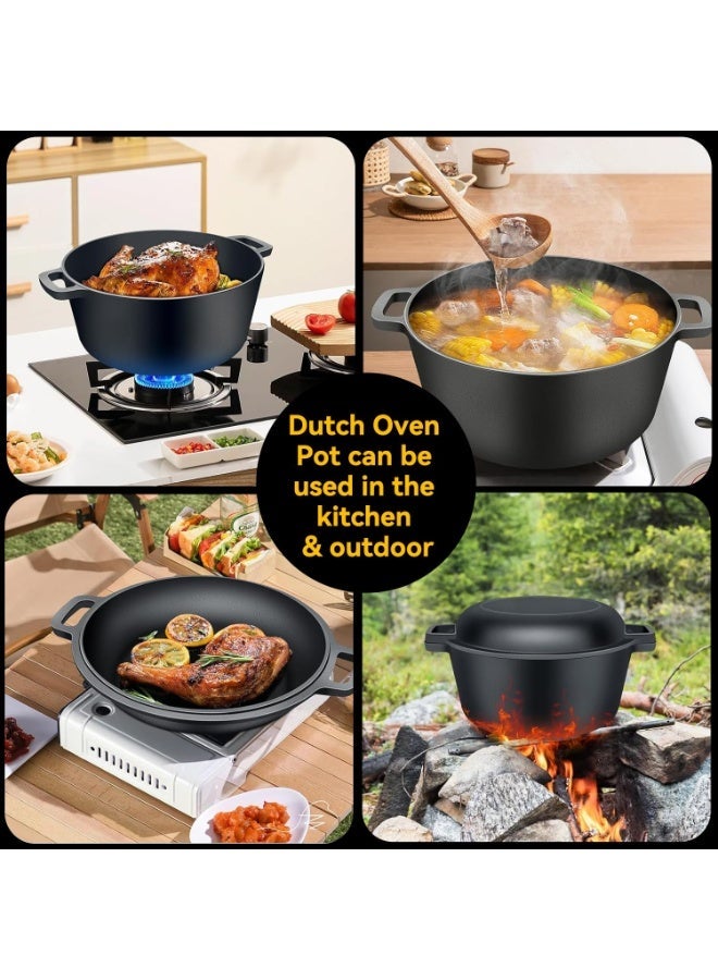 اكسيسن قدر من الحديد الزهر مع غطاء مقلاة ومقلاة وسلال تخمير العجين المخمر، مجموعة أواني طهي من الحديد الزهر مع مقبضين، للاستخدام الداخلي والخارجي، مجموعة 2 في 1 للخبز والقلي والخبز والشواء - Image 2